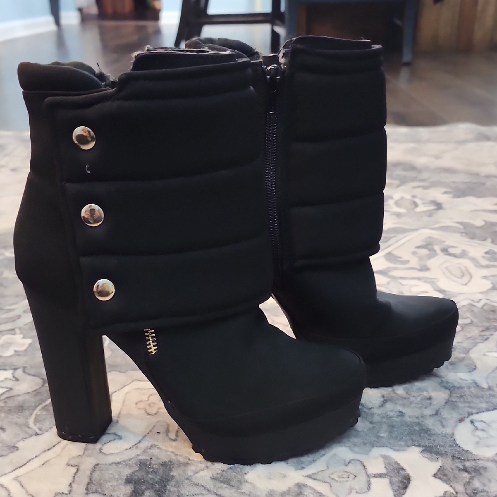Thalia Sodi Black Heeled Boots with Gold Accents